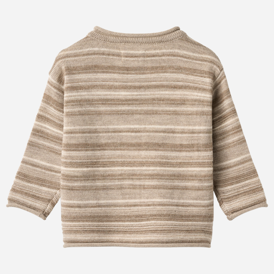 Sold at Bombon shop, designed by Wheat — knit baby sweater in warm sand stripe with shoulder buttons and soft texture. back