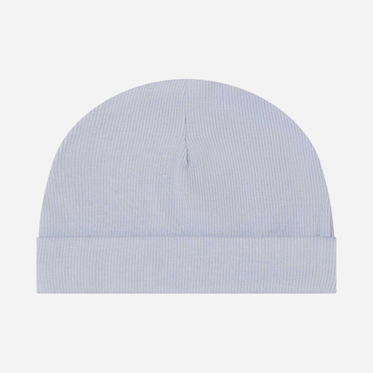 Sold at Bombon shop, designed by Mar Mar Copenhagen, Aiko ribbed modal baby hat in Blue Mist