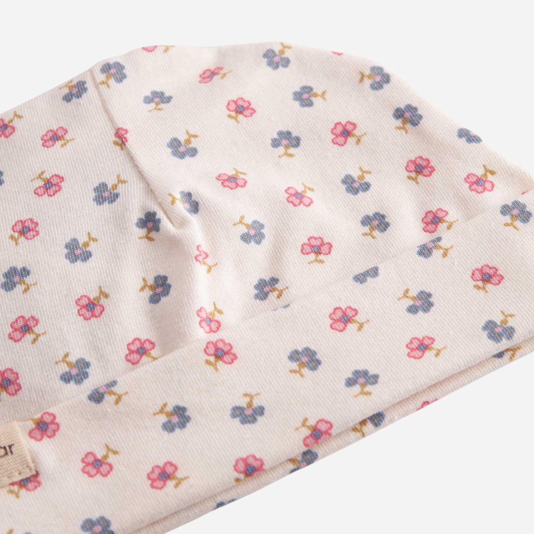 Sold at Bombon shop, designed by Mar Mar Copenhagen, Aiko baby hat in Mini Flower print modal and organic cotton blend