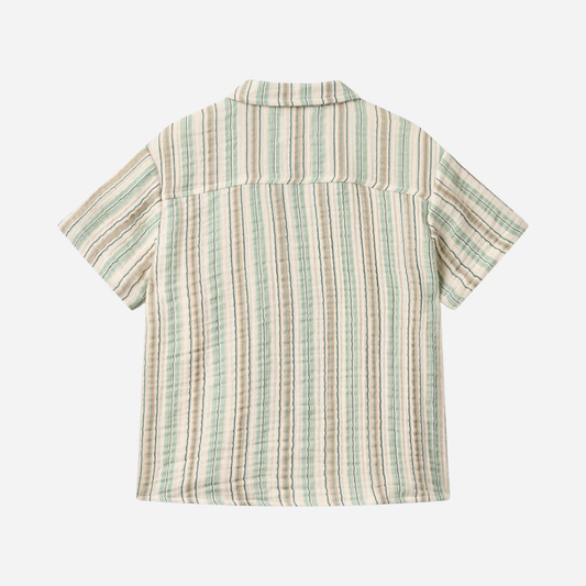 Sold at Bombon Shop, designed by Wheat, summer sky stripe organic cotton short sleeve kids button-down shirt with vertical striped pattern.