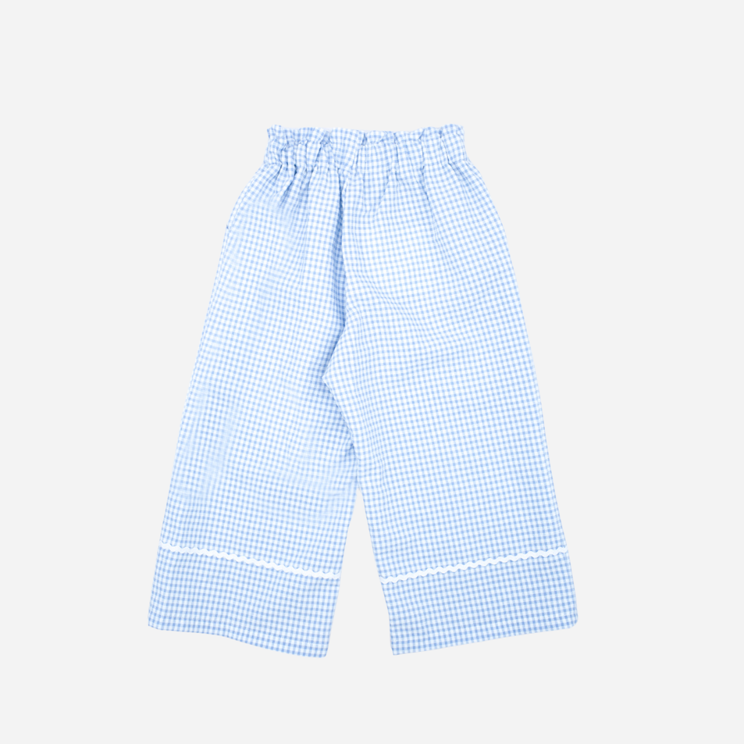 sold at Bombon shop, designed by Fina Ejerique brand, blue gingham pants for toddlers are perfect for spring and summer. back view