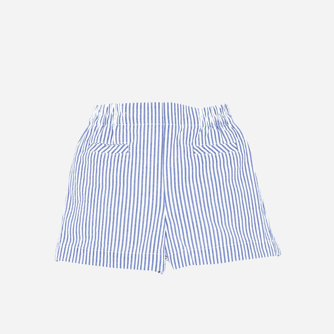 Sold at Bombon shop, designed by Fina Ejerique brand, blue striped bermuda shorts for babies and toddlers perfect for summer and spring. Front view
