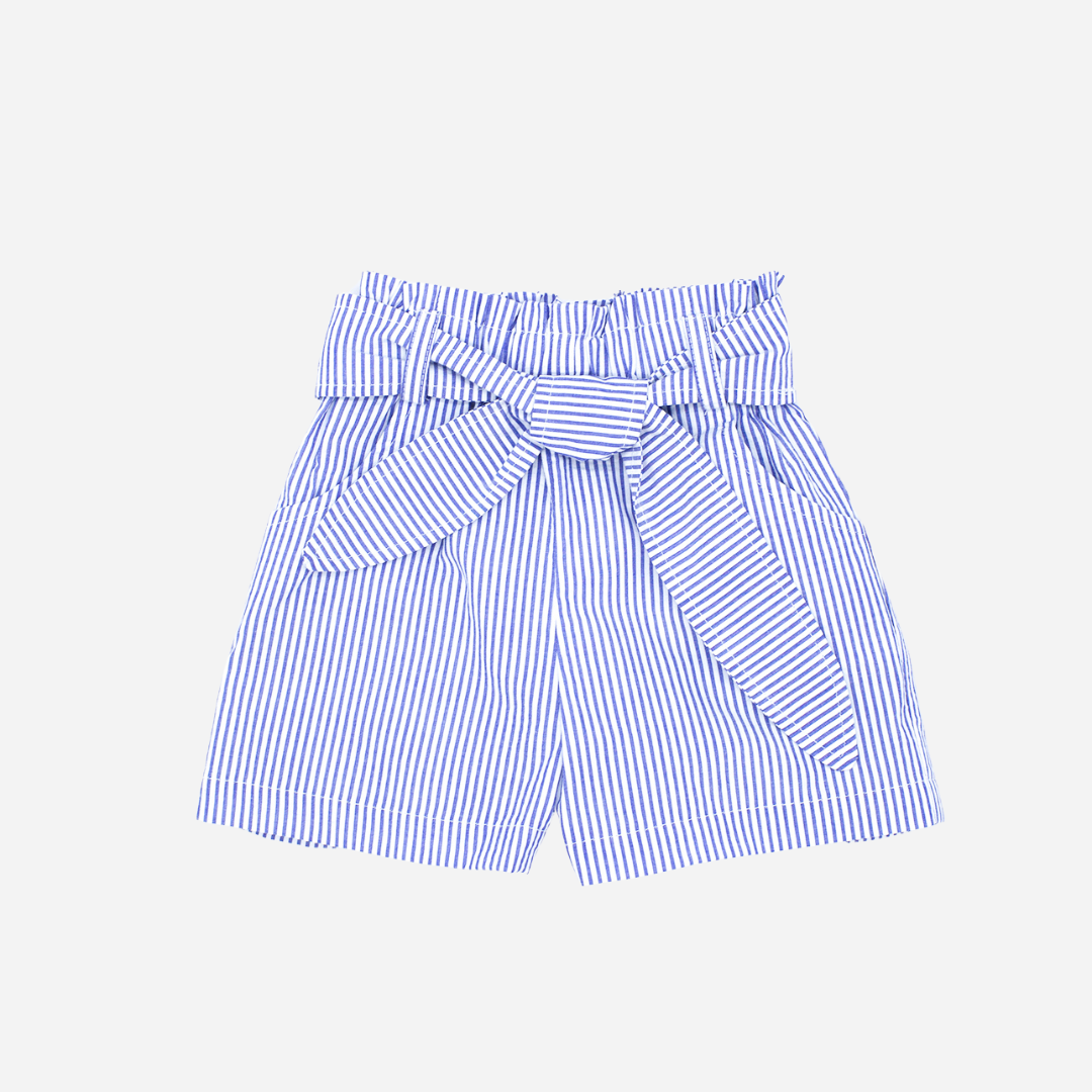 sold at Bombon shop, designed by Fina Ejerique brand, blue striped shorts for girls are perfect for spring and summer. front view