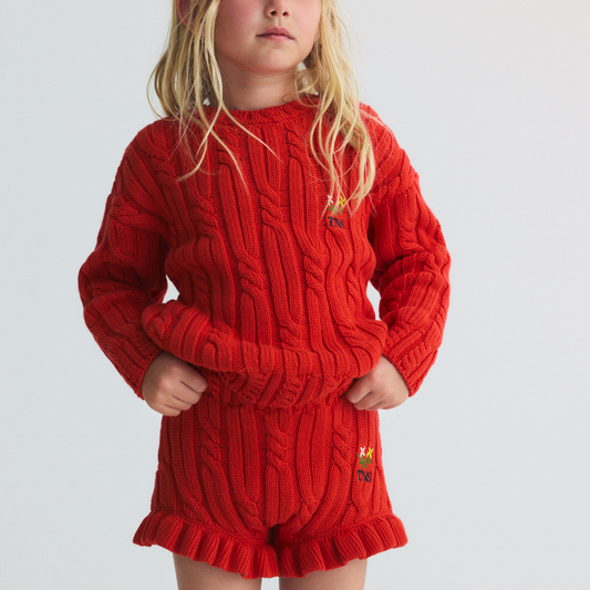 sold at Bombon, designed by The New Society red knit kids jumper in tulip red 100% cotton textured sweater matching shorts set