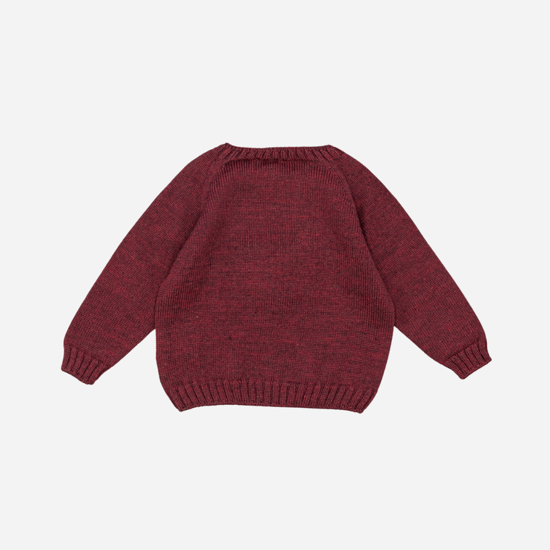 Sold at Bombon shop, designed by Fina Ejerique, a burgundy knit baby sweater with a dog motif in a houndstooth sweater. back