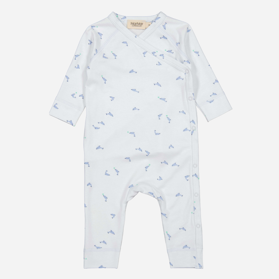 Sold at Bombon shop, designed by Mar Mar Copenhagen brand, this soft jumpsuit in a cute dolphin print for baby boys is perfect for any occasion.