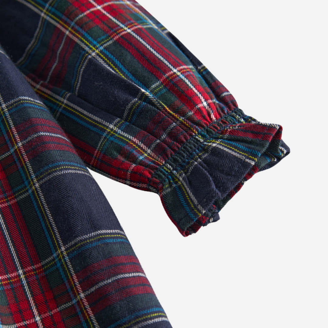 Sold at Bombon shop, designed by MarMar Copenhagen. Red and navy check long-sleeve cotton dress with Peter Pan collar, pairs perfectly with the matching red cardigan.