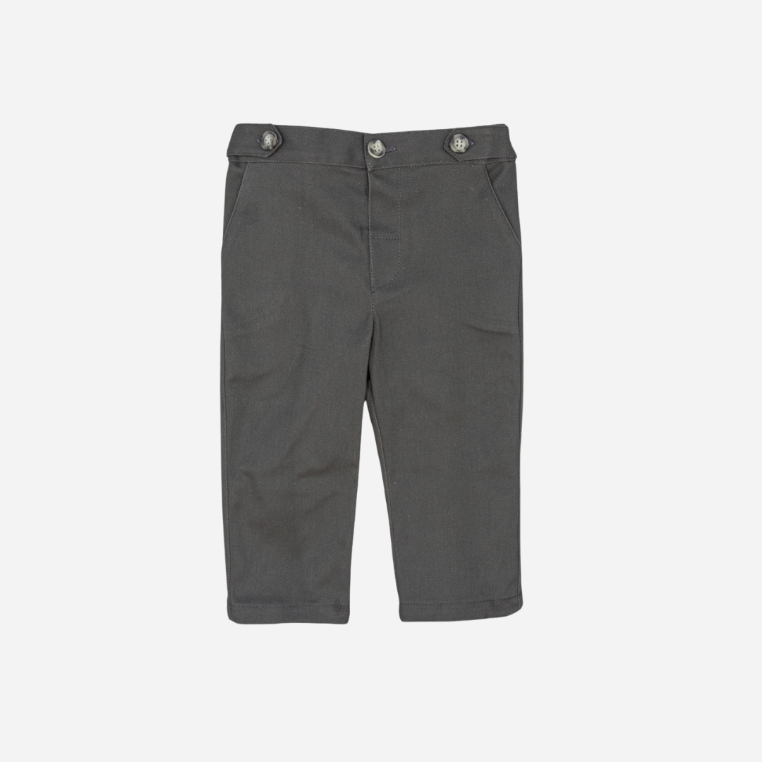 Sold at Bombon shop, designed by Fina Ejerique, gray twill baby trousers with waistband button details and side pockets. front