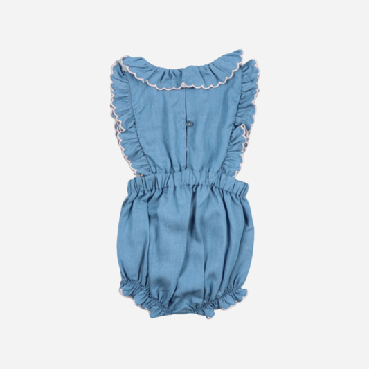 sold at Bombon, designed by The New Society light blue chambray baby romper with ruffle shoulders in 100% cotton soft breathable summer outfit