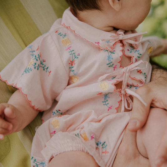 sold at Bombon, designed by The New Society petal pink baby bloomer with delicate embroidery in 100% cotton matching baby set and sibling look