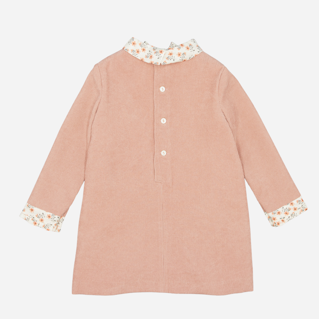 Pink Corduroy Girl Dress | Floral Print Bow
