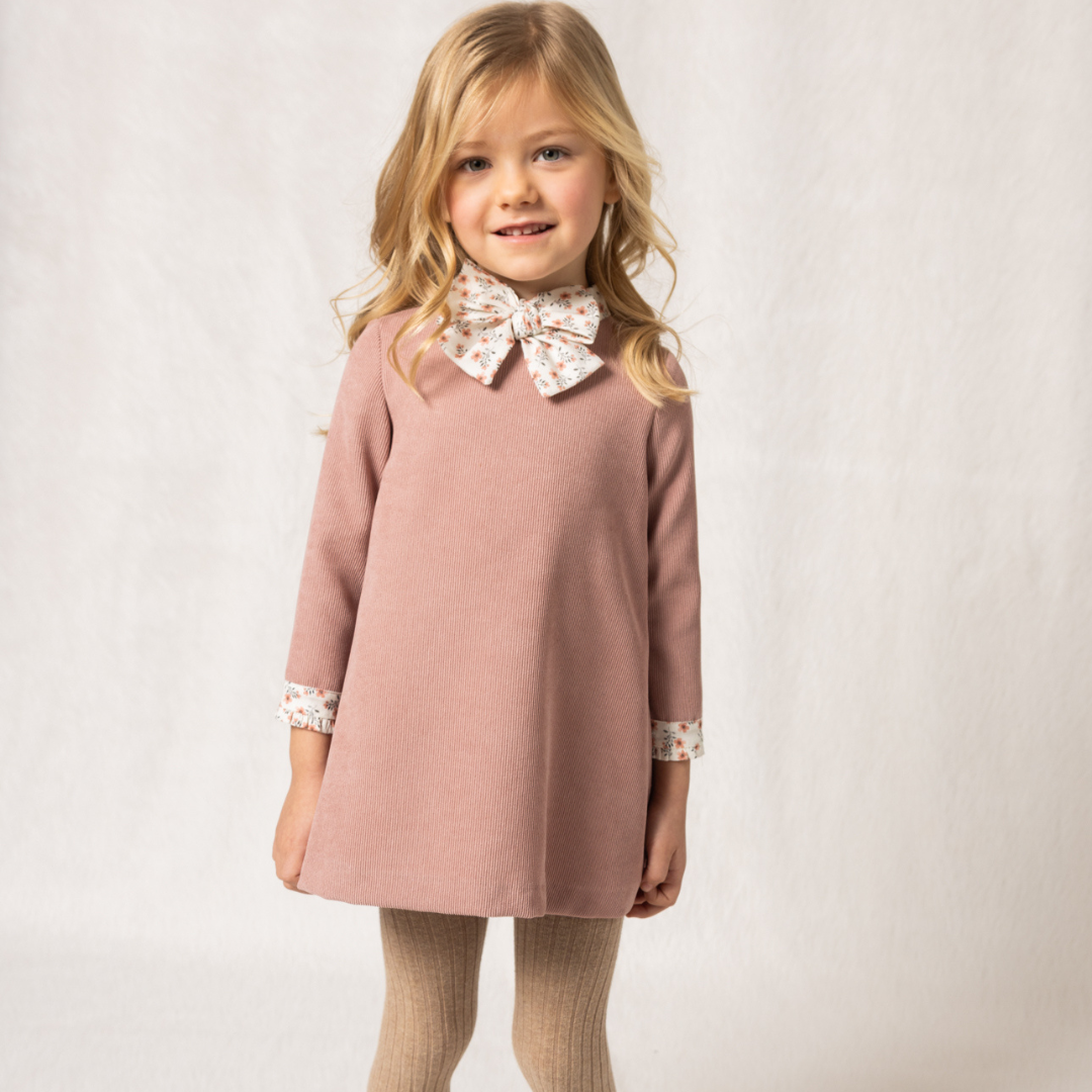 Pink Corduroy Girl Dress | Floral Print Bow
