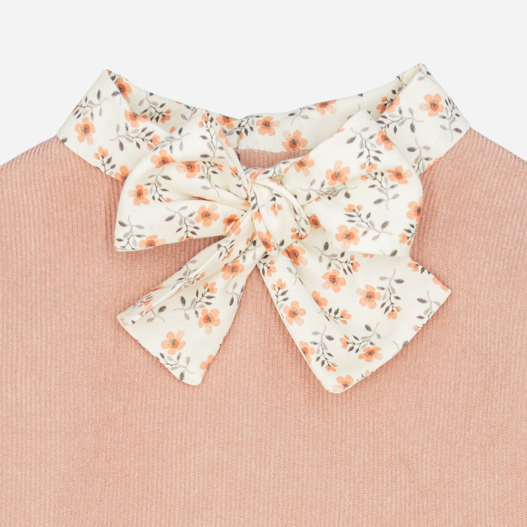 Pink Corduroy Girl Dress | Floral Print Bow