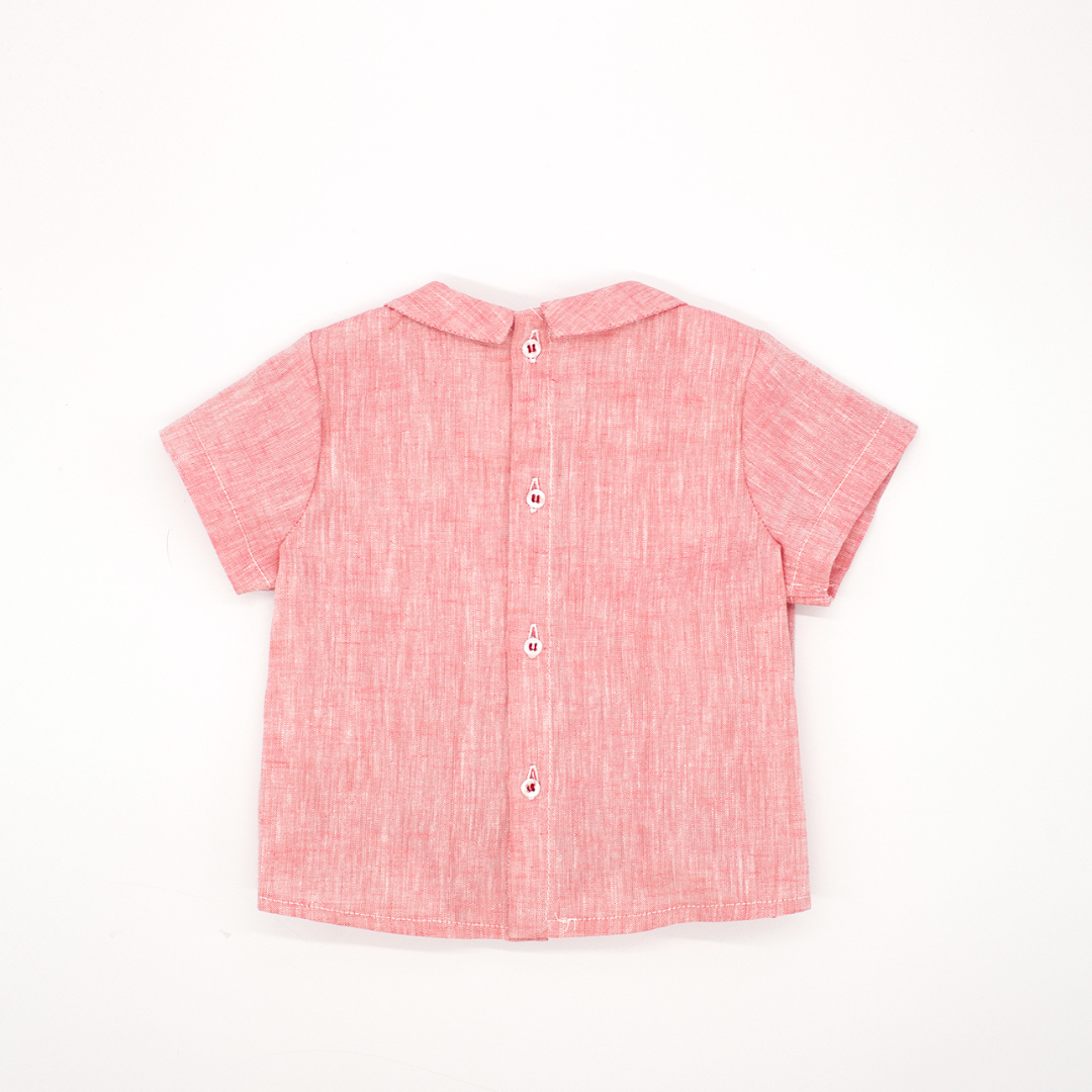 sold at Bombon shop, designed by Fina Ejerique brand, red pleated baby shirt is perfect for spring and summer. Back view