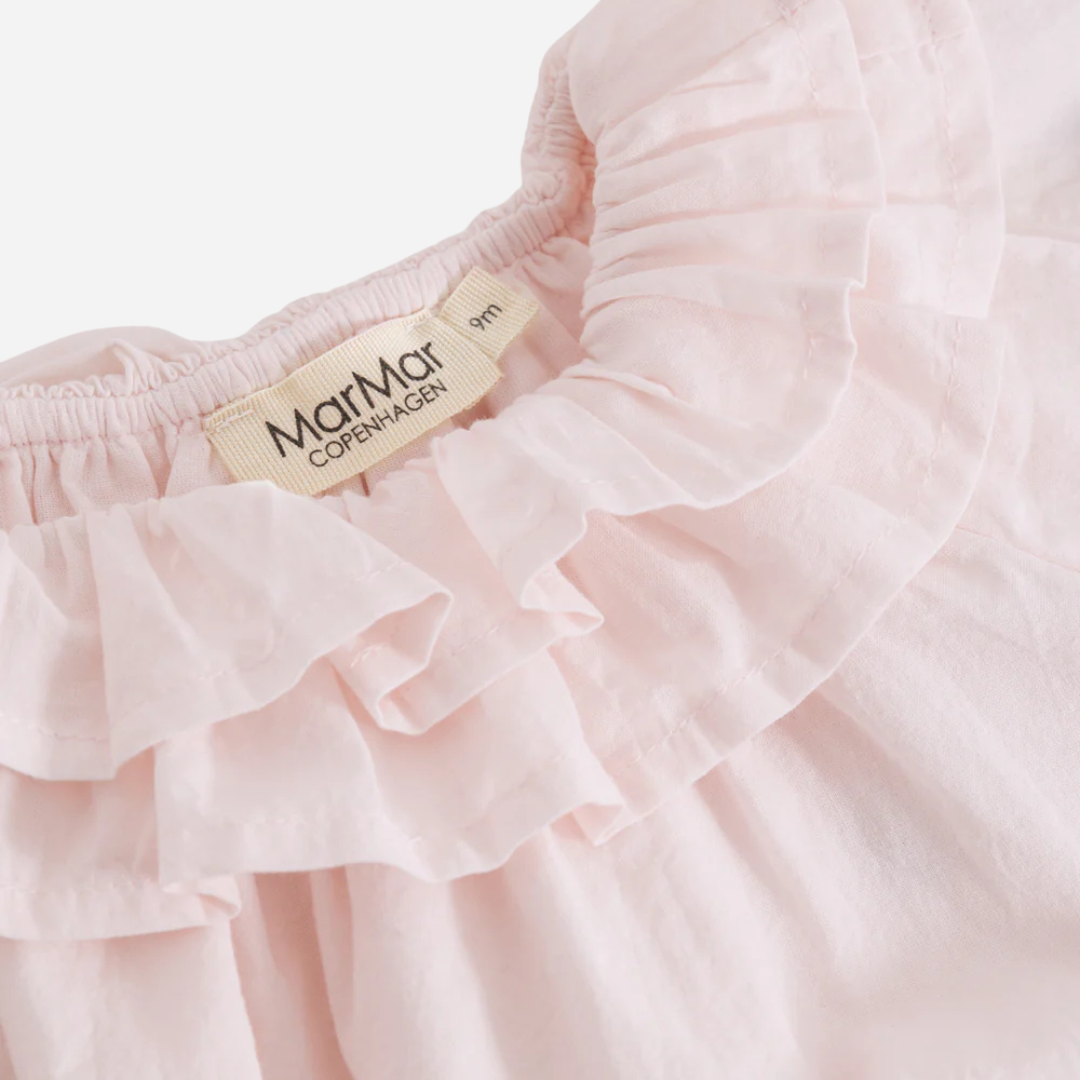 Sold at Bombon shop, designed by Mar Mar Copenhagen, Rosetta baby bodysuit in Summer Embroidery with ruffled collar