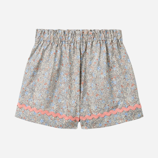 Sold at Bombon Shop, designed by Wheat, air blue flowers organic cotton baby shorts with lace hem detail and elastic waistband.