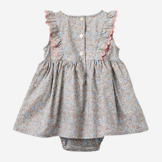 Sold at Bombon Shop, designed by Wheat, air blue flowers organic cotton baby dress with matching bloomers in soft blue floral print