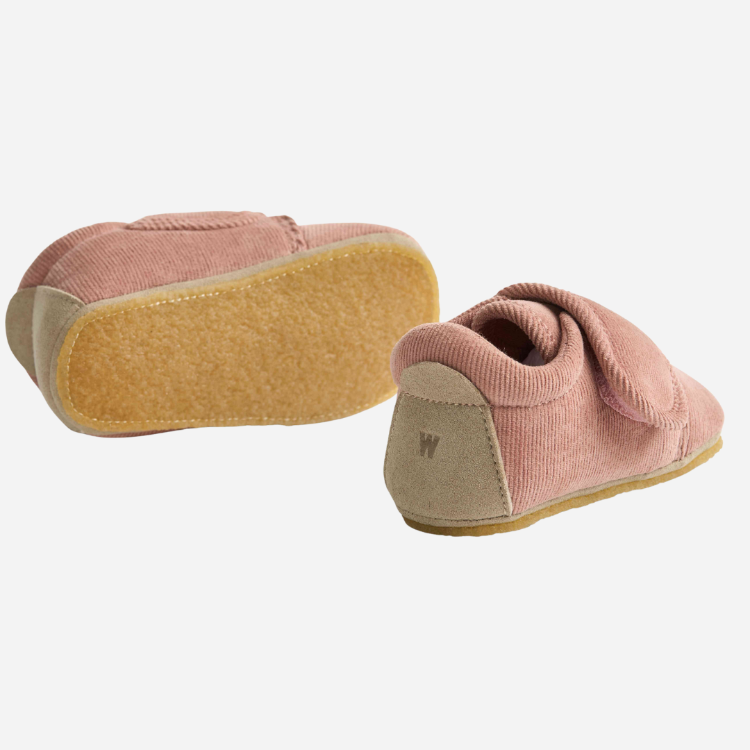 Sold at Bombon shop, designed by Wheat — rose powder baby shoes in soft corduroy with velcro straps and flexible rubber soles. bottom