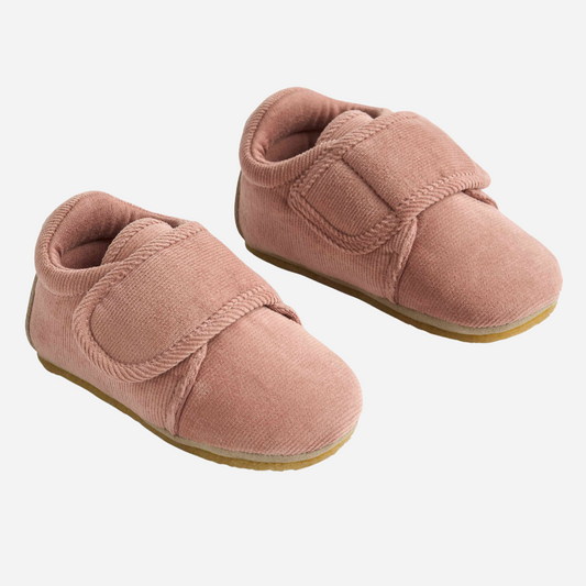 Sold at Bombon shop, designed by Wheat — rose powder baby shoes in soft corduroy with velcro straps and flexible rubber soles. pair