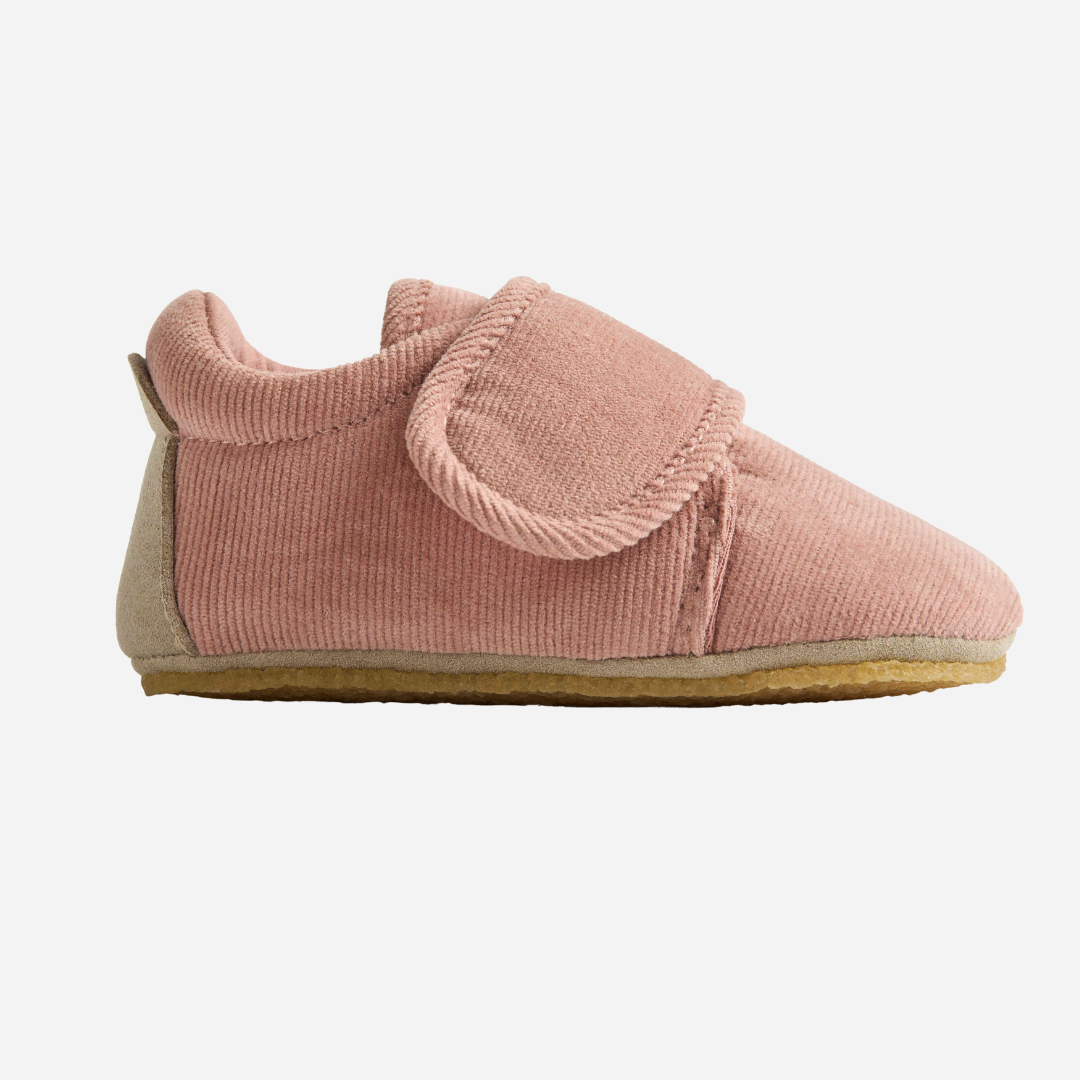 Sold at Bombon shop, designed by Wheat — rose powder baby shoes in soft corduroy with velcro straps and flexible rubber soles. side