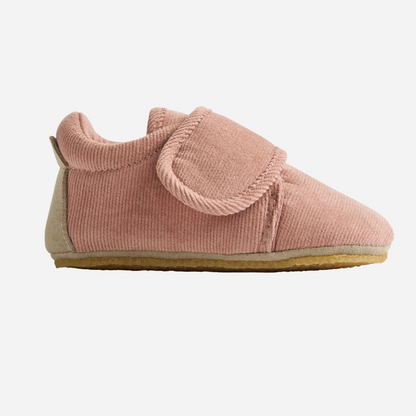 Sold at Bombon shop, designed by Wheat — rose powder baby shoes in soft corduroy with velcro straps and flexible rubber soles. side