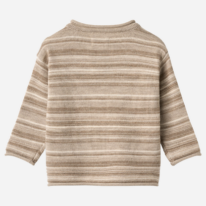 Sold at Bombon shop, designed by Wheat — knit baby sweater in warm sand stripe with shoulder buttons and soft texture. back