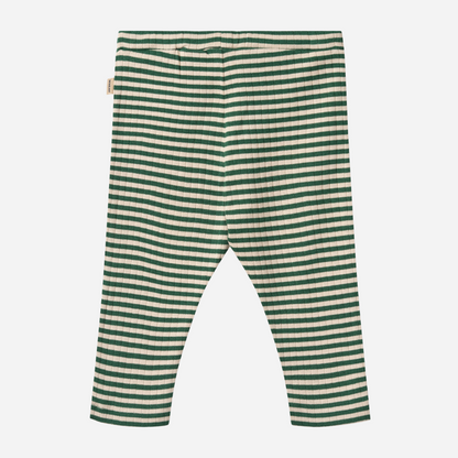 Sold at Bombon shop, designed by Wheat, green and cream striped ribbed baby pants with an elastic waist and drawstring tie. back