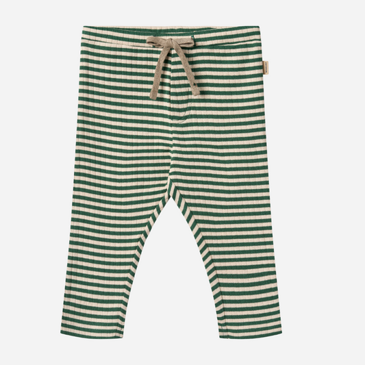 Sold at Bombon shop, designed by Wheat, green and cream striped ribbed baby pants with an elastic waist and drawstring tie. front