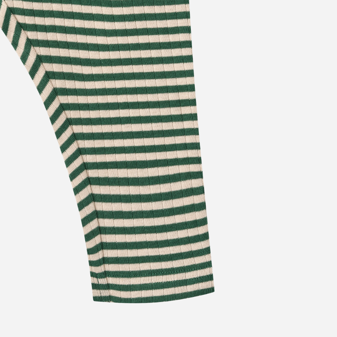Sold at Bombon shop, designed by Wheat, green and cream striped ribbed baby pants with an elastic waist and drawstring tie. bottom