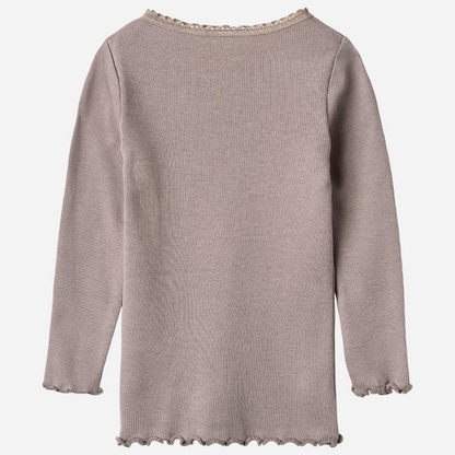 Sold at Bombon shop, designed by Wheat, this dusty purple ribbed long-sleeve tee features ruffle edges and a soft, stretchy finish. back