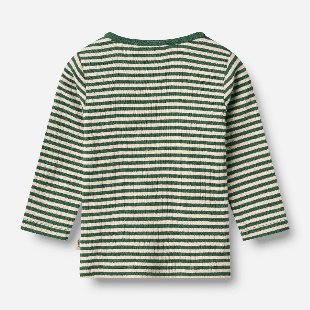 Sold at Bombon shop, designed by Wheat — forest green and cream striped ribbed long-sleeve top with shoulder snaps. back