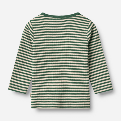 Sold at Bombon shop, designed by Wheat — forest green and cream striped ribbed long-sleeve top with shoulder snaps. back