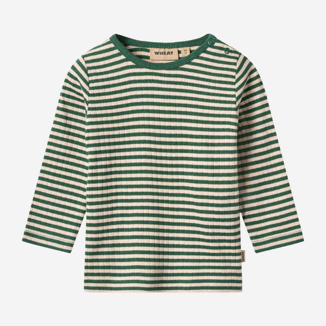 Sold at Bombon shop, designed by Wheat — forest green and cream striped ribbed long-sleeve top with shoulder snaps. front