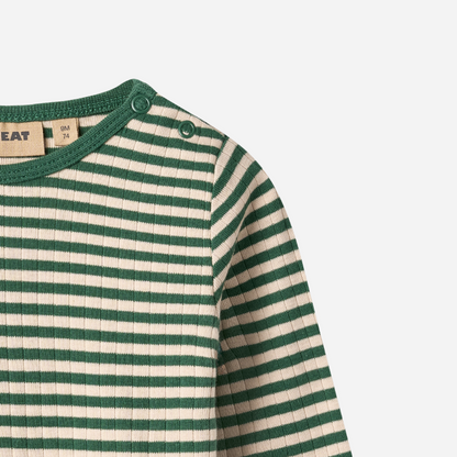Sold at Bombon shop, designed by Wheat — forest green and cream striped ribbed long-sleeve top with shoulder snaps. top