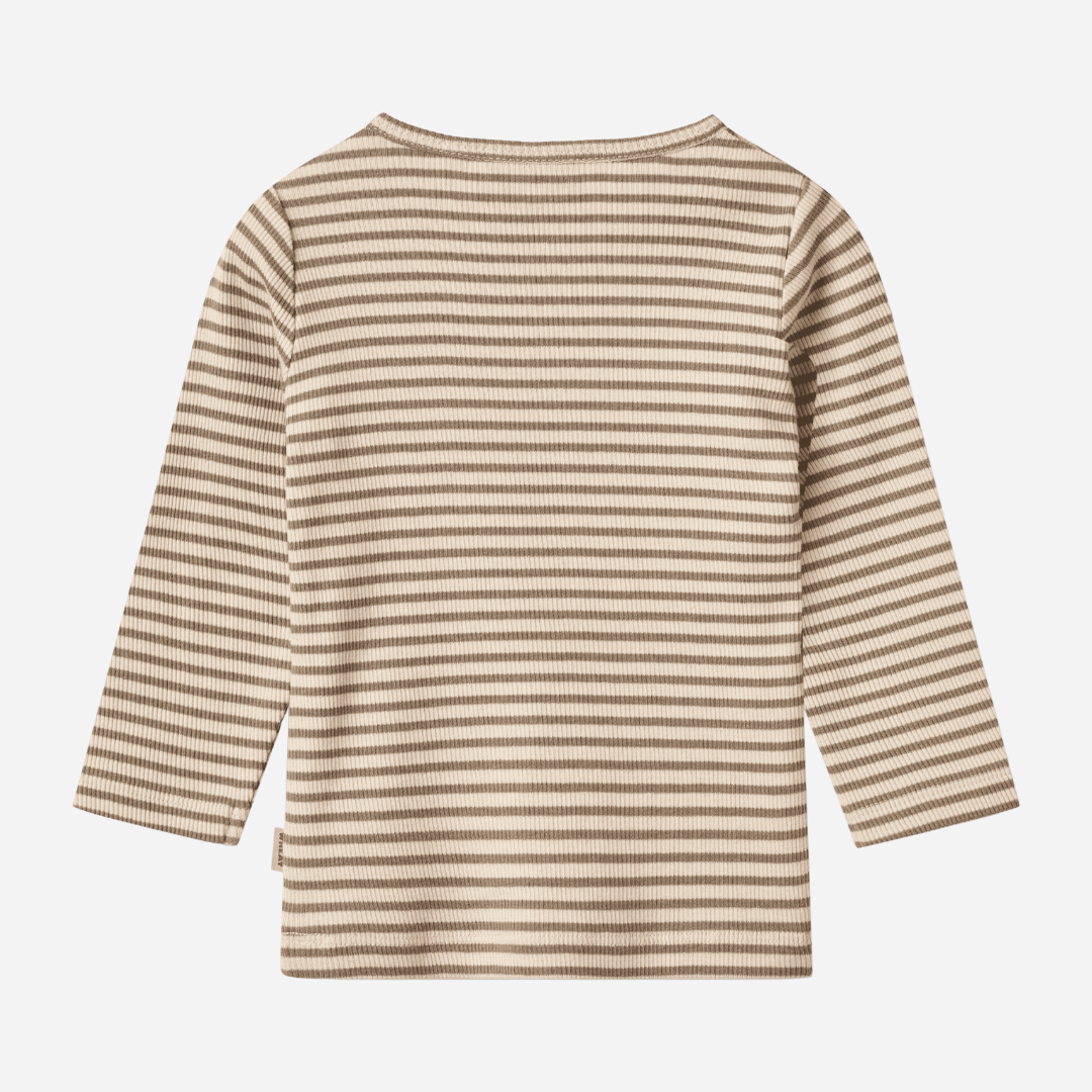 Sold at Bombon shop, designed by Wheat — ribbed long-sleeve top with stone and cream stripes and shoulder snap detail. back