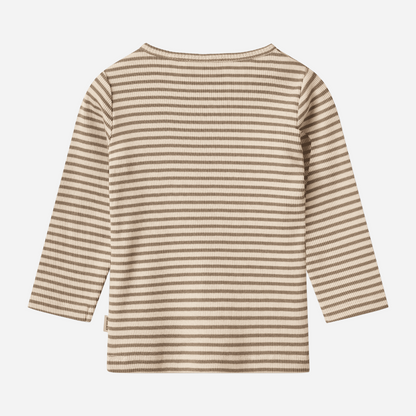 Sold at Bombon shop, designed by Wheat — ribbed long-sleeve top with stone and cream stripes and shoulder snap detail. back