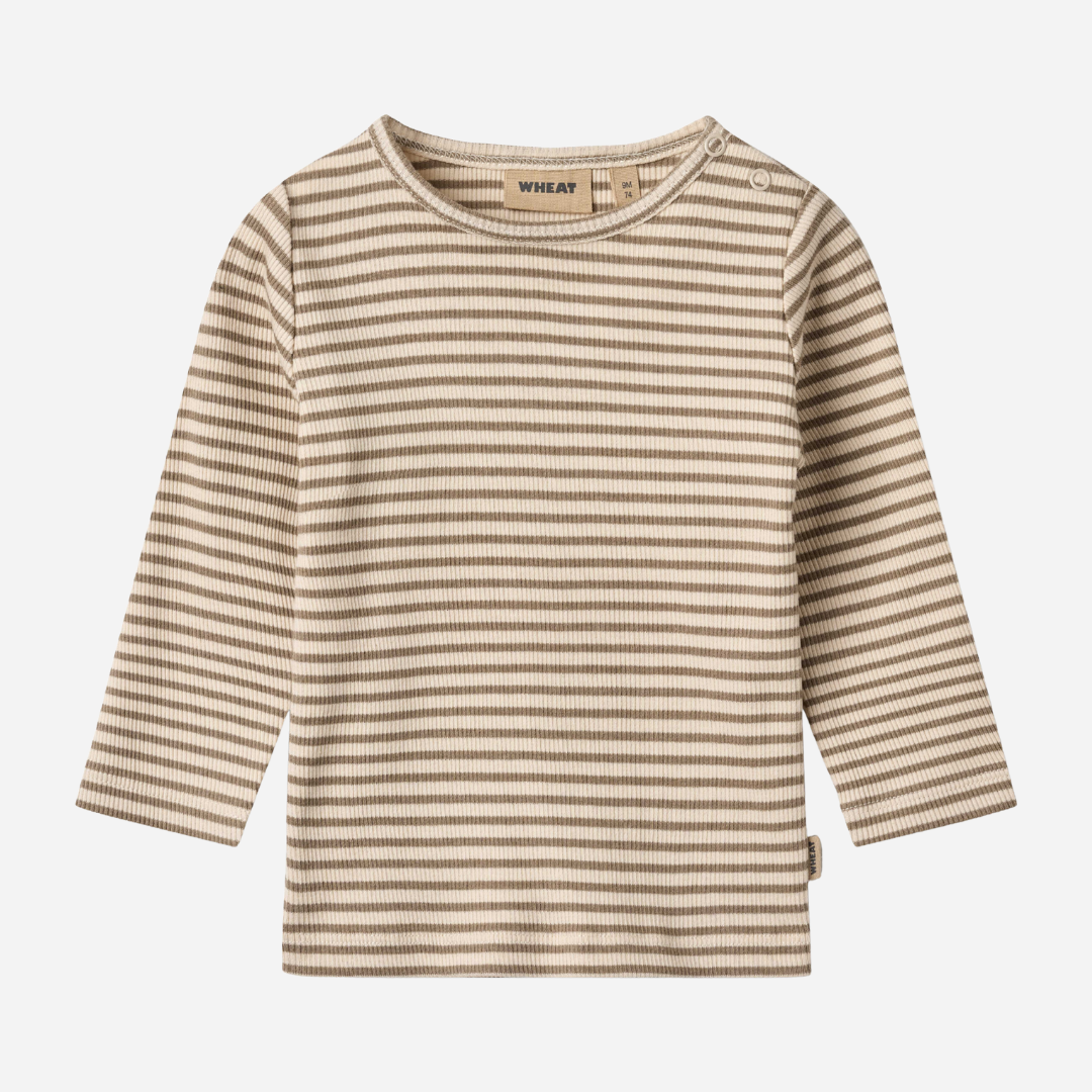 Sold at Bombon shop, designed by Wheat — ribbed long-sleeve top with stone and cream stripes and shoulder snap detail. front