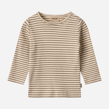 Sold at Bombon shop, designed by Wheat — ribbed long-sleeve top with stone and cream stripes and shoulder snap detail. front