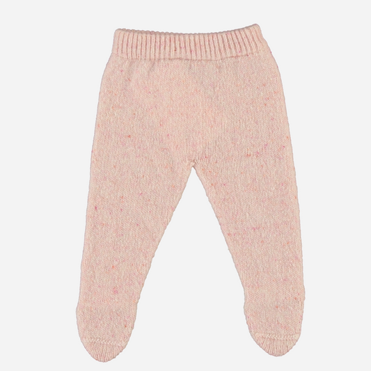 Sold at Bombon Shop, these Bebe Organic baby and toddler girl footed pants are made from soft pink wool with a speckled finish, featuring a stretchy waistband for comfort and full foot coverage — pair with the matching heart-knit cardigan for a warm and adorable cold-weather outfit.