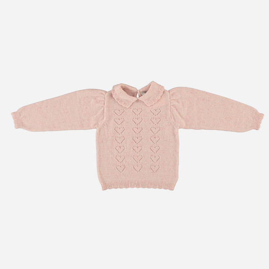Sold at Bombon Shop, this Bebe Organic baby and toddler girl sweater is crafted from soft pink wool with an allover heart-knit design, featuring puff sleeves and a delicate Peter Pan collar — a cozy and romantic cold-weather essential with timeless European charm.