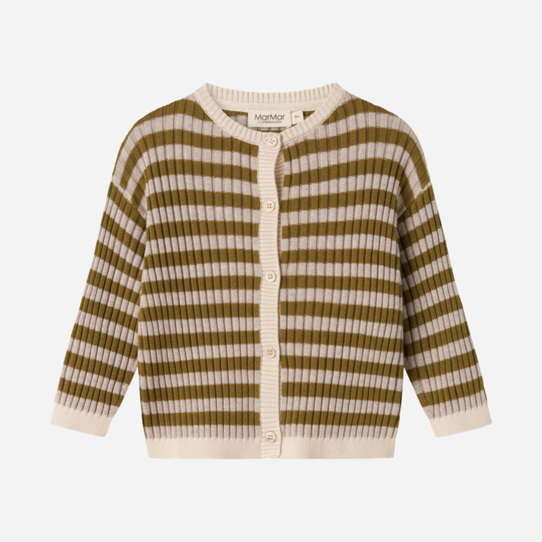 Sold at Bombon shop, designed by MarMar Copenhagen — olive and cream striped cotton knit baby cardigan with buttons, pairs perfectly with the taupe cotton pants.