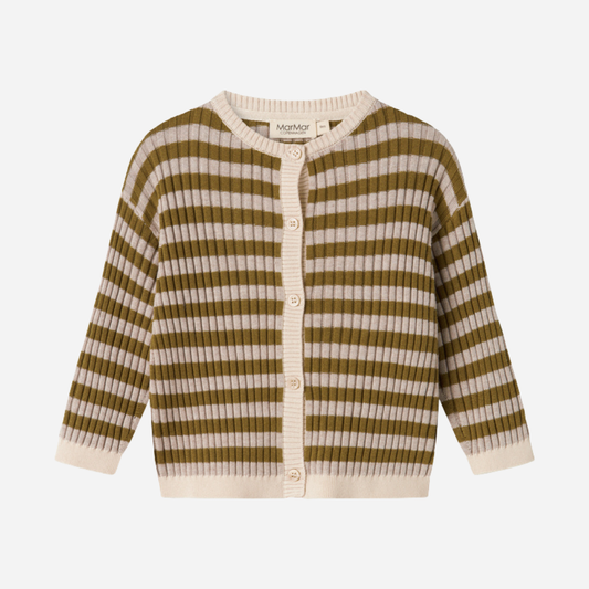 Sold at Bombon shop, designed by MarMar Copenhagen — olive and cream striped cotton knit baby cardigan with buttons, pairs perfectly with the taupe cotton pants.
