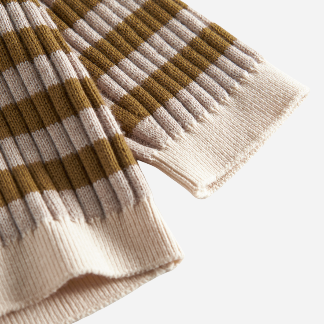 Sold at Bombon shop, designed by MarMar Copenhagen — olive and cream striped cotton knit baby cardigan with buttons, pairs perfectly with the taupe cotton pants.