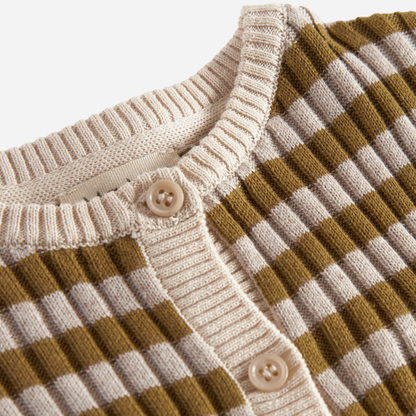 Sold at Bombon shop, designed by MarMar Copenhagen — olive and cream striped cotton knit baby cardigan with buttons, pairs perfectly with the taupe cotton pants.