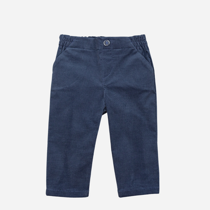Sold at Bombon shop, designed by Fina Ejerique, navy velvet baby trousers with elasticated waistband and side pockets. front