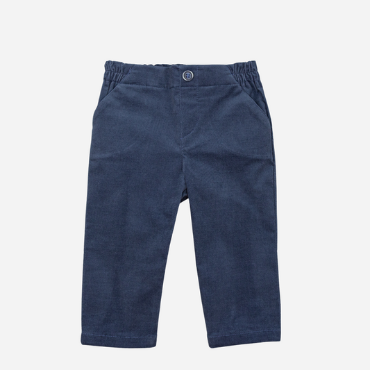 Sold at Bombon shop, designed by Fina Ejerique, navy velvet baby trousers with elasticated waistband and side pockets. front