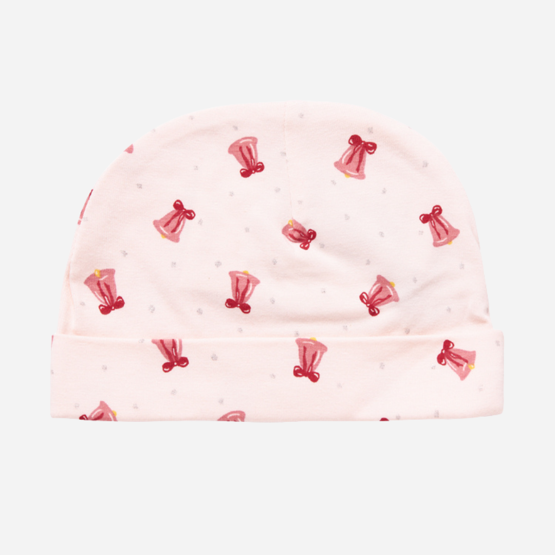 Sold at Bombon shop, designed by MarMar Copenhagen. Blush pink baby hat with pink bell print, pairs perfectly with the matching wrap footie and blanket.