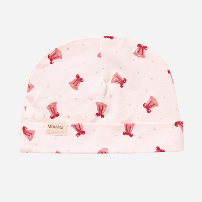 Sold at Bombon shop, designed by MarMar Copenhagen. Blush pink baby hat with pink bell print, pairs perfectly with the matching wrap footie and blanket.