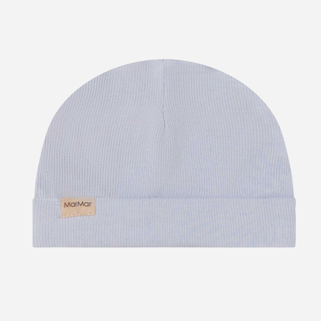 Sold at Bombon shop, designed by Mar Mar Copenhagen, Aiko ribbed modal baby hat in Blue Mist