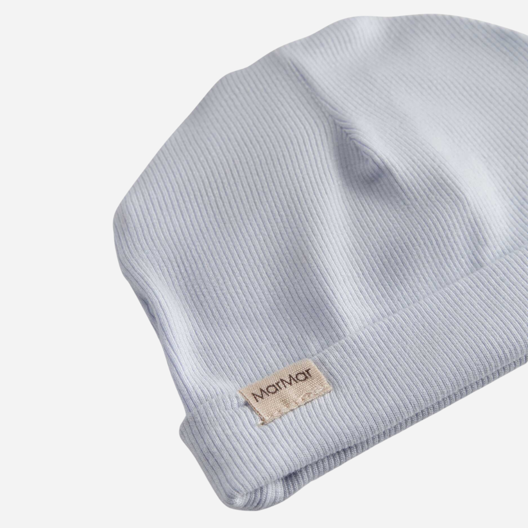 Sold at Bombon shop, designed by Mar Mar Copenhagen, Aiko ribbed modal baby hat in Blue Mist